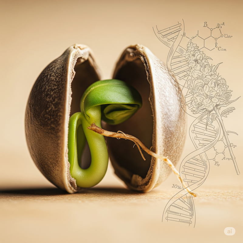 A cannabis seed germinating, symbolising the genetic blueprint of life