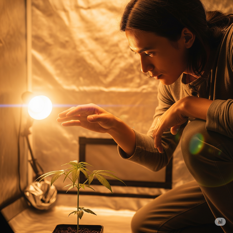 A cannabis grower inspecting a young seedling with focused care