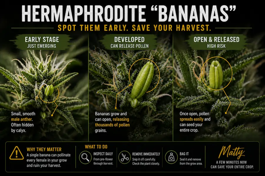 Close-up comparison of hermaphrodite cannabis banana pollen structures at different stages showing how late-flower bananas release pollen and seed female cannabis buds indoors