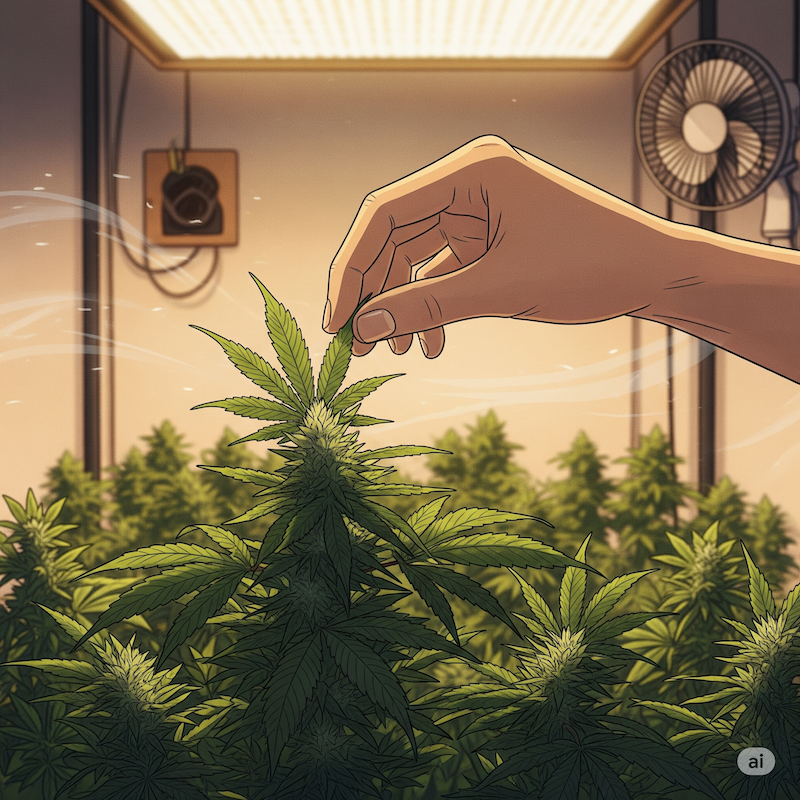 inspecting-cannabis-leaf-grow-room-closeup Close-up of a grower gently inspecting a cannabis leaf in a well-lit grow room, highlighting subtle plant health signs.