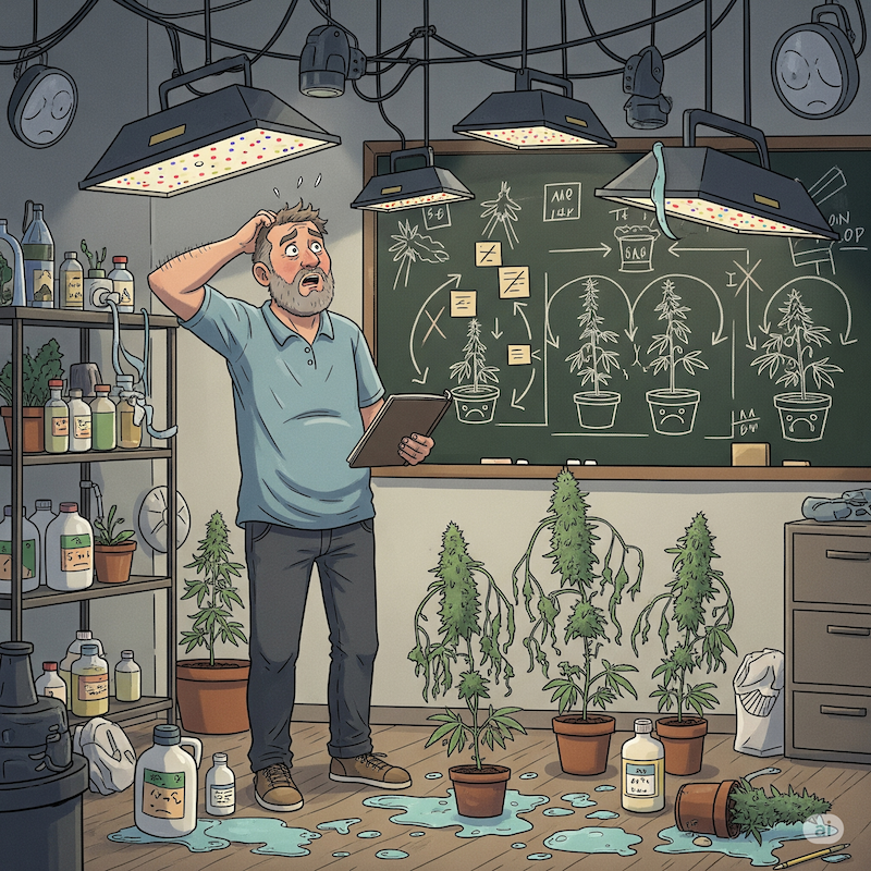 Illustration of a confused cannabis grower surrounded by grow mistakes, symbolizing lessons learned through trial and error