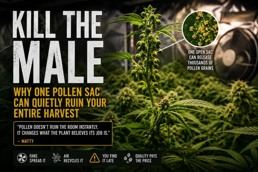 Male cannabis plant with visible pollen sacs inside an indoor grow room showing how pollination can quietly ruin cannabis bud quality and seedless harvests
