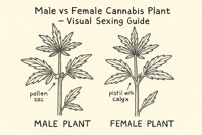 Hand-drawn comparison of male and female cannabis plants in pre-flower stage, showing labeled pollen sacs on the male and pistils with calyx on the female