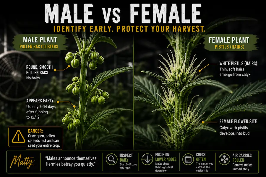 Side-by-side comparison of male and female cannabis pre-flowers showing pollen sacs versus white pistils for early cannabis plant sex identification indoors