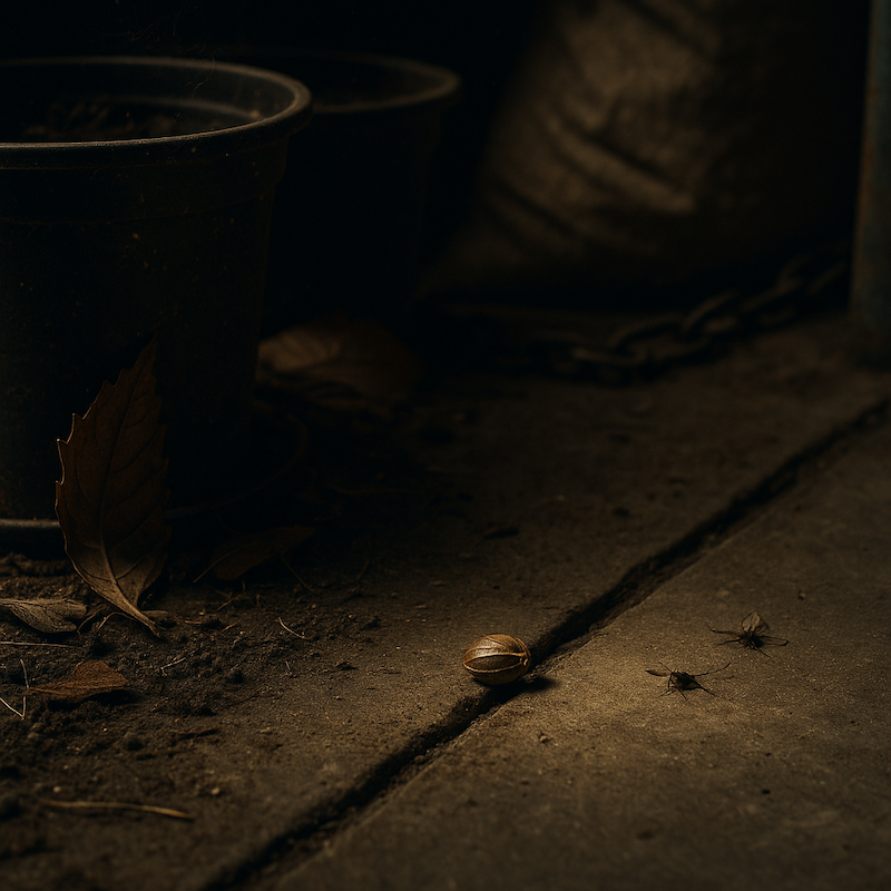 neglected-corner-of-a-grow-room A neglected corner of a grow room. Dimly lit, dusty, with old pots, dead leaves, and two tiny dead insects nearby.