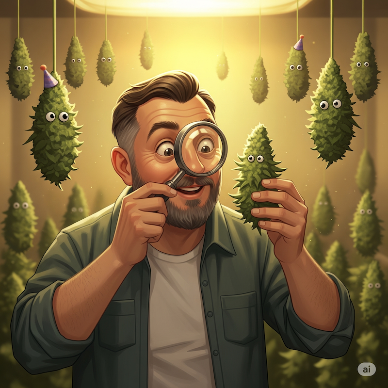 Artful illustration of a cannabis grower admiring a frosty bud in golden light, surrounded by drying harvests