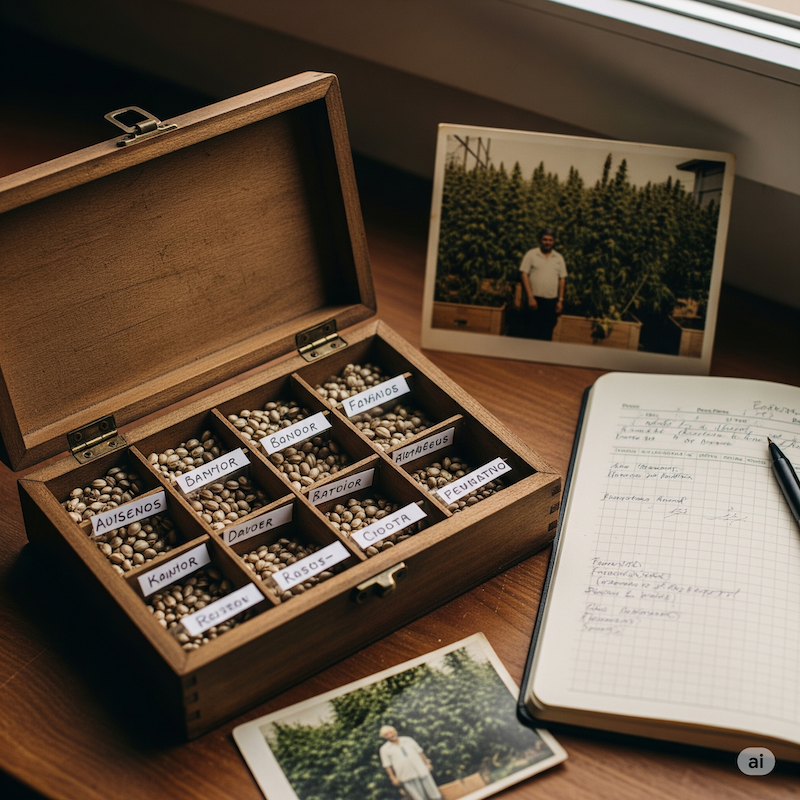A collection of preserved cannabis seeds and grow notes, representing legacy and seed preservation