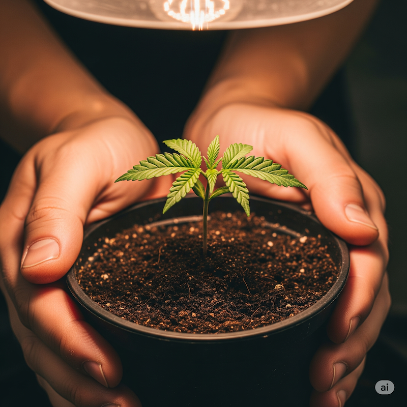 A small cannabis seedling freshly transplanted into rich soil in a basic black pot