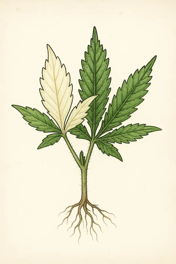 albino-sprout-cannabis Botanical illustration of an albino cannabis sprout showing a white leaf with no chlorophyll alongside normal green leaves. Ink and watercolor, vintage scientific plate style, isolated on a white background for grower education.