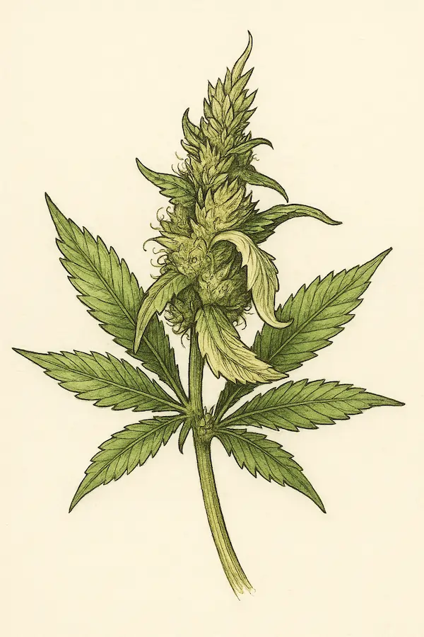 cannabis-foxtailing-buds-illustration Botanical illustration of cannabis foxtailing buds, showing new elongated calyxes stacking on top of mature flowers, ink and watercolor, vintage scientific plate style.