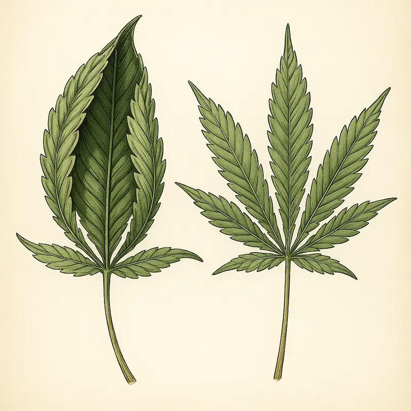 cannabis-leaf-tacoing-upwards Botanical illustration of a cannabis fan leaf showing tacoing — leaf edges curling sharply upwards toward the midrib, cupping like a taco shell. Ink and watercolor, vintage scientific plate style, white background.