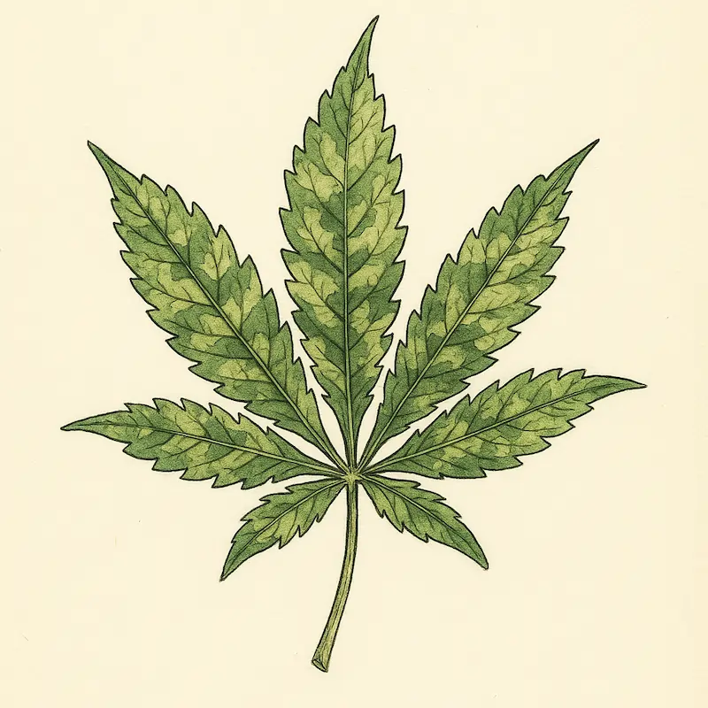 cannabis-mosaic-virus-leaves-illustration Botanical illustration of cannabis leaves with mosaic virus symptoms, showing mottled light and dark green splotches in a vintage ink and watercolor scientific plate style.