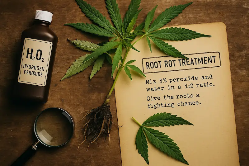 Close-up cannabis plant inspection for root rot and fungal issues, styled as a forensic case file with hydrogen peroxide treatment notes