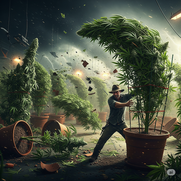 cyclone-budnado Australian cannabis plants bending in a fierce windstorm, with a grower staking and tying them down while debris flies through the air.