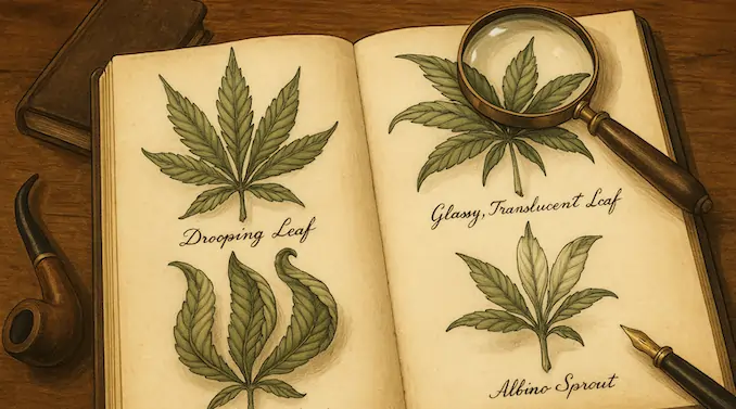 Vintage botanical detective case file illustration showing strange cannabis leaf problems — tacoing, drooping, glassy, albino, foxtailing, mosaic, and re-veg — laid out on aged parchment for an educational grower’s guide.