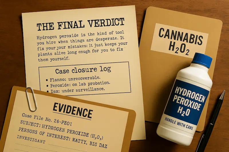 Forensic case file documents laid out on a desk, labeled with hydrogen peroxide notes, styled like an evidence file for a cannabis grow experiment.