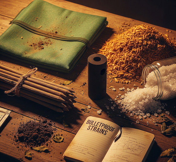 matty-survival-kit-aussie-cannabis-growing-essentials Flat lay of Matty’s cannabis survival kit on a rustic wooden table, including shade cloth, plant stakes and ties, thick mulch, water-storing crystals, a carbon filter, and a notebook of bulletproof strains.