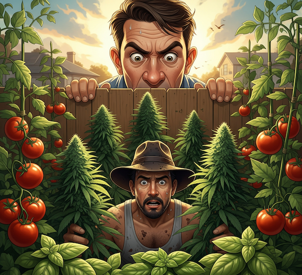 neighbour-from-the-nosy-dimension Suspicious neighbour peeking over a fence while cannabis plants are hidden among tall tomato and basil plants in an Australian backyard.