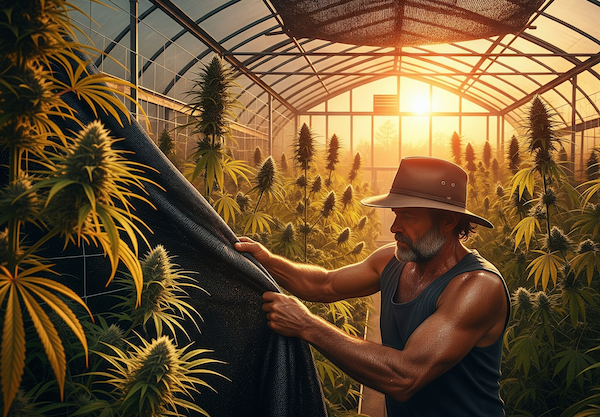 the-big-drought Cannabis plants inside an Australian greenhouse during an extreme heatwave, leaves drooping under intense sunlight, with a rugged grower in a wide-brim hat pulling shade cloth across the crop.