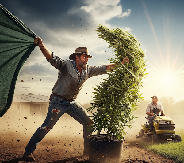 the-bud-ocalypse-showdown Epic last-stand scene of an Aussie grower defending cannabis plants from heat, wind, and a nosy neighbour all at once, pulling shade cloth and holding down plants in strong wind.