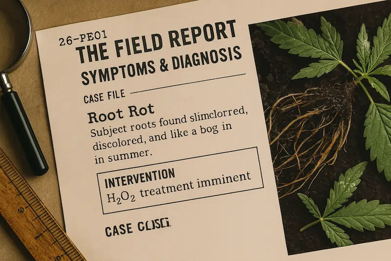 Case file photo titled 'THE FIELD REPORT: ROOT ROT,' styled as a detective document on a desk with cannabis leaves, magnifying glass, and lab notes — symbolising hydrogen peroxide treatments