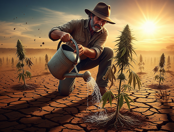 the-last-drop Drought-stricken Australian cannabis garden with cracked earth and wilted plants, as a grower pours the last of his water onto the roots under a blazing summer sun.