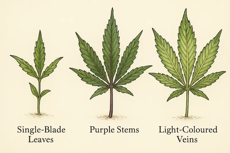 weird-cannabis-leaf-problems-bonus-cases Botanical illustration showing three cannabis leaf anomalies: a single-blade juvenile leaf, a purple-stemmed plant, and a leaf with light-colored veins. Educational style, ink and watercolor on white background for grower troubleshooting guide.