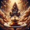 Biscotti cannabis plant growing from a golden espresso cup overflowing with caramel, surrounded by floating biscotti crumbs, sugar cubes, and honey-dipped spoons in a dreamy café atmosphere — rich, warm, and decadent, by Aussie Hemp Seeds.