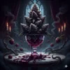 Blackberry Kush cannabis plant displayed in an ornate crystal goblet overflowing with deep purple blackberry wine, surrounded by floating berries, candlelight, and curling vines in a moody gothic setting — richly detailed and atmospheric, by Aussie Hemp Seeds.