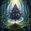 Vibrant, ultra-high-detail macro image of a purple and blue Blueberry Auto cannabis bud, with a subtle, upward-swirling aura suggesting rapid growth. Glowing blueberries are scattered on the magical forest floor.