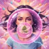 Surreal, cinematic digital painting of a young woman blowing a rapidly expanding pink bubble, morphing into a glowing energy sphere. Inside, a small cannabis plant spins, surrounded by sparkles and candy swirls. Neon pastel lightning streaks emphasize speed and vibrancy.
