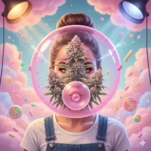 Surreal, hyper-realistic digital painting of a young woman blowing a giant translucent pink bubblegum bubble. A vibrant, perfectly matured cannabis plant with sparkling trichomes grows seamlessly fused inside the bubble, reflecting studio lights and rainbow refractions, set against a dreamy pastel sky of floating candies and cotton-candy clouds.