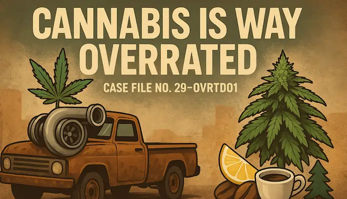 Hero banner showing cannabis buds with an exaggerated hype stamp, illustrating Matty Ridge’s article on why cannabis is overrated.