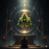 Cinematic digital illustration of a Cannatonic cannabis plant glowing inside a levitating glass orb above a stone altar, with a dark-robed monk kneeling in awe under golden light — Aussie Hemp Seeds Australia.