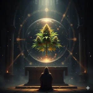 Cinematic digital illustration of a Cannatonic cannabis plant glowing inside a levitating glass orb above a stone altar, with a dark-robed monk kneeling in awe under golden light — Aussie Hemp Seeds Australia.