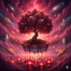 Hyper-realistic digital painting of a "Cherry Pie" cannabis plant growing from a cracked porcelain pie dish floating in a surreal cosmic landscape. Ruby resin drips, forming glowing cherries, under a sky with red nebula clouds and floating forks.