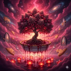 Hyper-realistic digital painting of a "Cherry Pie" cannabis plant growing from a cracked porcelain pie dish floating in a surreal cosmic landscape. Ruby resin drips, forming glowing cherries, under a sky with red nebula clouds and floating forks.