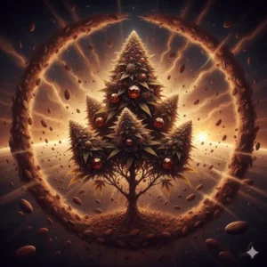 Surreal, high-definition digital painting of a Chocolope cannabis plant, with buds glowing like molten chocolate gemstones, suspended in a cosmic roastery nebula of cocoa dust and orbiting espresso comets.