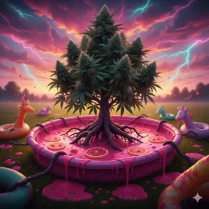 A surreal, cinematic digital painting of a Grapefruit cannabis plant bursting from a bright pink kiddie pool filled with grapefruit juice. Its roots pierce the pool sides as juice leaks. Deflated inflatables and warped reflections create a vivid, eerie summer party scene under sunset tones.