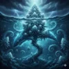 Cinematic, hyper-detailed digital painting of a colossal Great White Shark cannabis plant emerging from a bioluminescent surge under stormy waters, glowing with white-blue energy arcs. The buds shimmer like coral, with bioluminescent plankton swirling around.