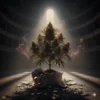 Harlequin cannabis plant in a cracked marble pot under theatre lighting with a broken jester mask on the floor – fine-art psychological aesthetic – Aussie Hemp Seeds Australia.