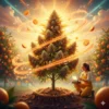Radiant Mimosa Auto cannabis plant bursting with life, surrounded by champagne-like bubbles and floating orange slices. A female grower adjusts a solar-powered device, with clock gears fused into the soil to symbolize fast growth.