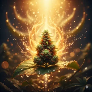 Ultra-high-detail macro shot of a Mimosa cannabis bud centered on a dew-covered fan leaf, engulfed by a swirling, radiant aura of golden light and shimmering effervescence.