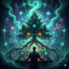 Breathtaking, ultra-detailed digital painting of a massive cannabis plant "MK Ultra" within a glowing glass neural reactor, its roots merging with luminous cables and circuitry. A lone grower in a dark lab coat calibrates a console, surrounded by psychedelic fractal patterns and brainwave visuals.