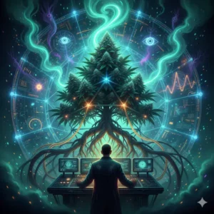 Breathtaking, ultra-detailed digital painting of a massive cannabis plant "MK Ultra" within a glowing glass neural reactor, its roots merging with luminous cables and circuitry. A lone grower in a dark lab coat calibrates a console, surrounded by psychedelic fractal patterns and brainwave visuals.