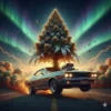 Sour Diesel Auto cannabis plant towering above a roaring muscle car doing a burnout under glowing aurora skies, symbolising power, speed, and fuel-charged energy – Aussie Hemp Seeds Australia.