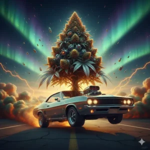 Sour Diesel Auto cannabis plant towering above a roaring muscle car doing a burnout under glowing aurora skies, symbolising power, speed, and fuel-charged energy – Aussie Hemp Seeds Australia.