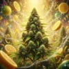 Hyper-detailed digital painting of a Super Lemon Haze cannabis bud shimmering with golden trichomes, surrounded by a surreal citrus carnival of swirling lemon slices, zest, and effervescent bubbles.