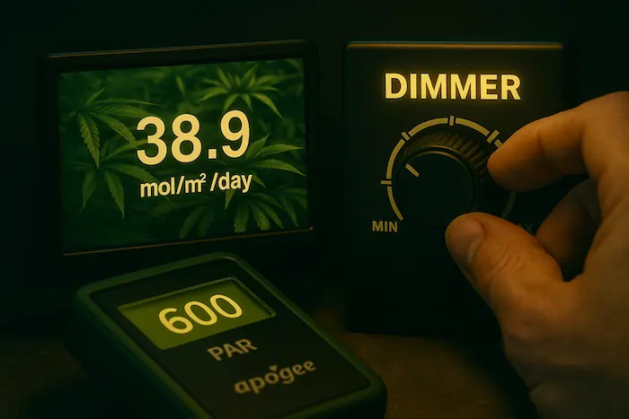 A cinematic Ridgey-Didge Labs workbench scene featuring a glowing digital gauge labeled “Empty — Optimal Dose — Overload.” The gauge needle sits perfectly in the “Optimal Dose” zone beside a PAR meter, notebook, and coffee mug branded “Ridgey-Didge Labs.” Warm amber-green lighting and moody grow-room shadows create a technical, precision-engineer vibe.