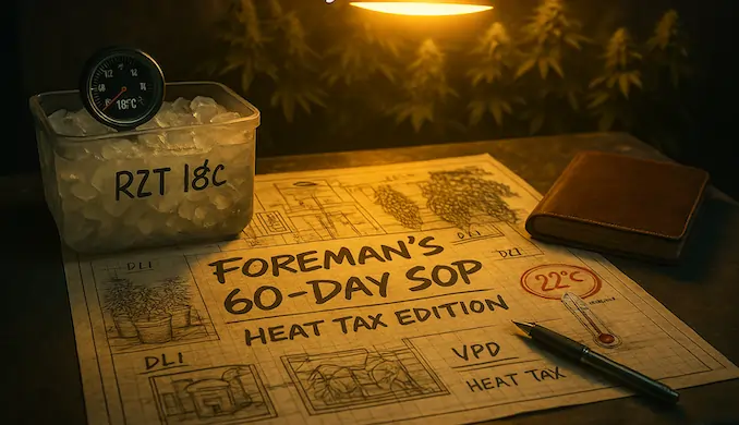 The Foreman’s 60-Day SOP grow room blueprint scene with iced reservoir at 18°C, circled 22°C thermometer warning, grow-light heat glow, and Matty Ridge lab notes — Aussie Summer Heat Tax protocol.